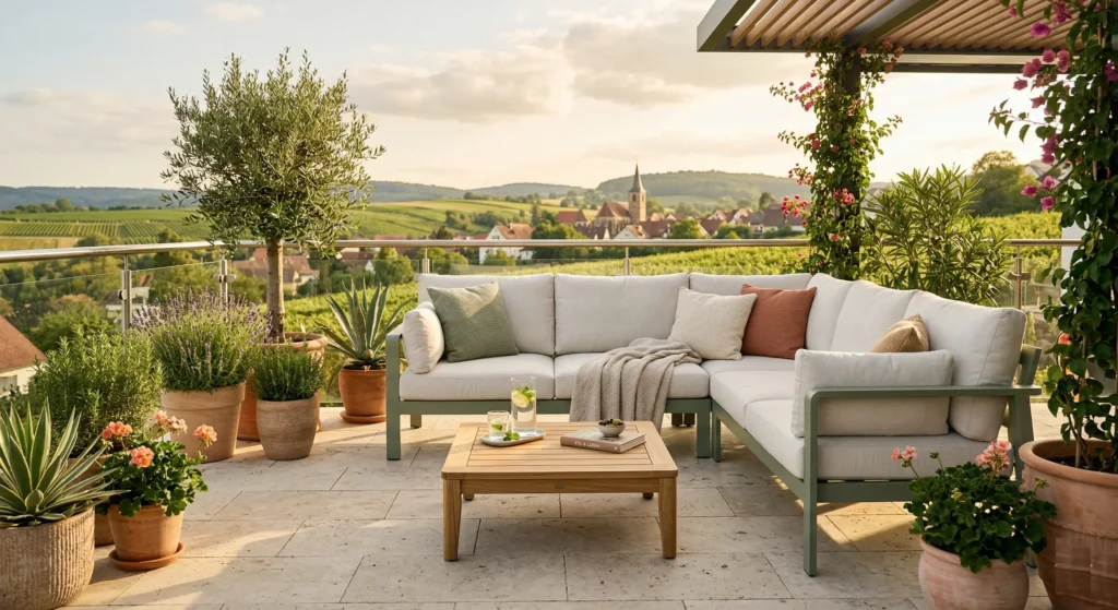 Modernes Outdoor-Sofa auf einer sonnigen Terrasse mit Teak-Tisch und mediterranen Pflanzen