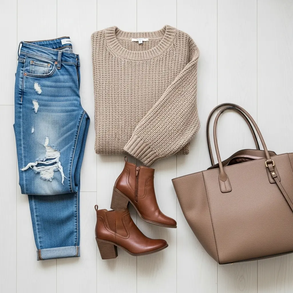 Bequemes Herbst-Outfit mit lässiger Boyfriend Jeans, Oversize-Strickpullover und braunen Lederstiefeletten