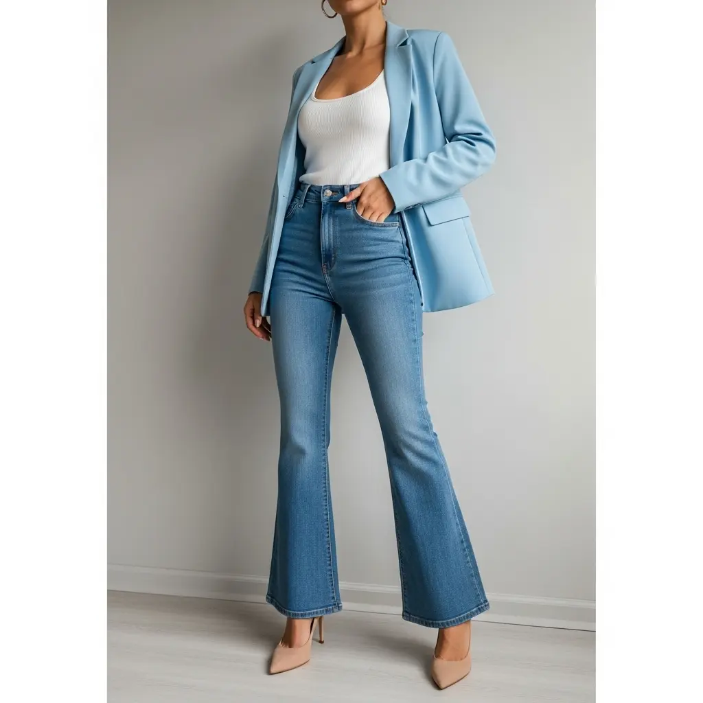 Damen-Outfit für den Herbst mit Flare Jeans im 70er-Jahre-Stil, pastellblauem Blazer und nudefarbenen Pumps