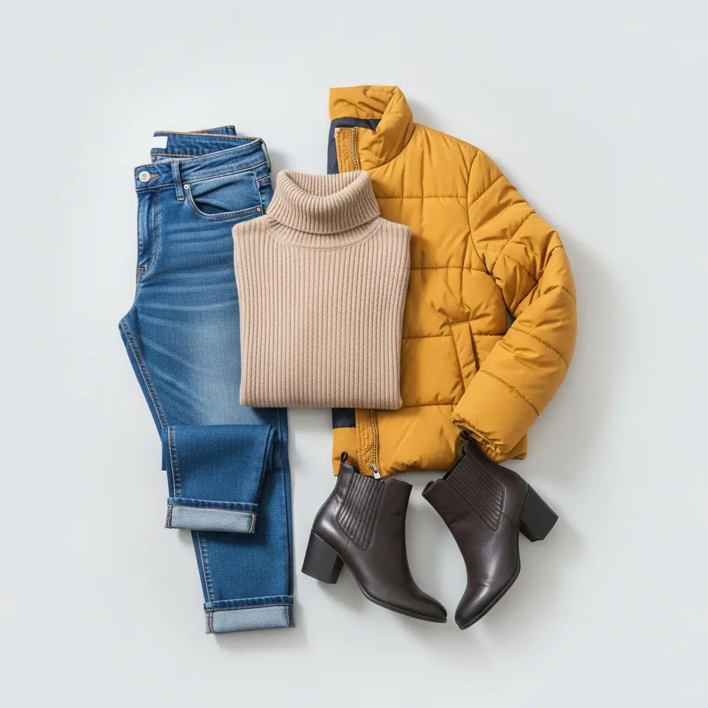 dee für ein farbenfrohes Herbst-Outfit mit senfgelber Geox-Daunenjacke, Slim Jeans und Rollkragenpullover