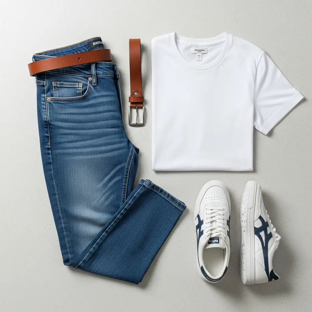 Lässige Outfit-Idee für den Herbst 2025 mit Levi's Slim Jeans, weißem T-Shirt und weißen Adidas Sneakern