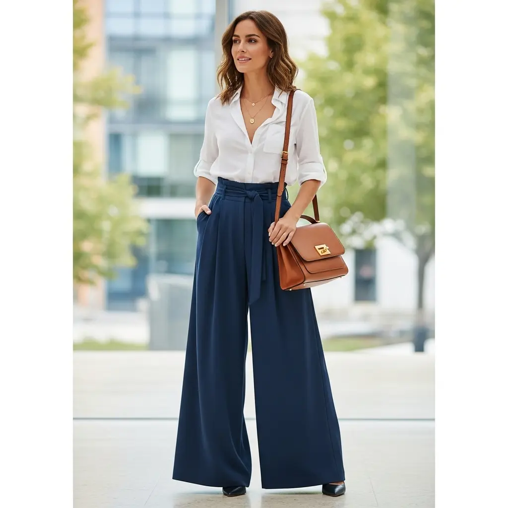 Die Marlenehose ist der Star des Looks. Hoch tailliert, weit geschnitten und fließend, streckt sie die Silhouette und verleiht einen eleganten Auftritt.