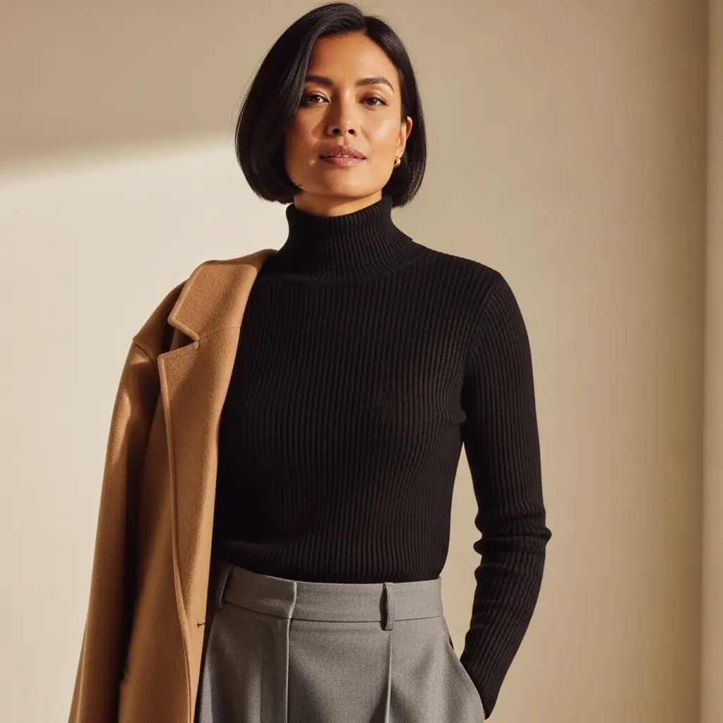Körpernaher Schnitt, streckt den Hals und dient als neutraler Hintergrund für die Hose. Verkörpert minimalistischen Chic.