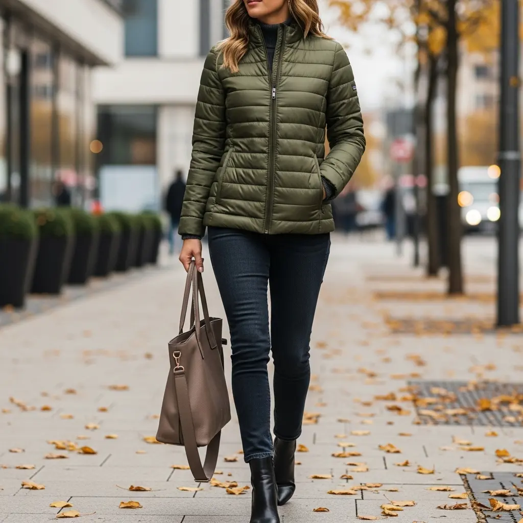 Moderne Damen Steppjacke in Khaki für einen urbanen Herbstlook 2025