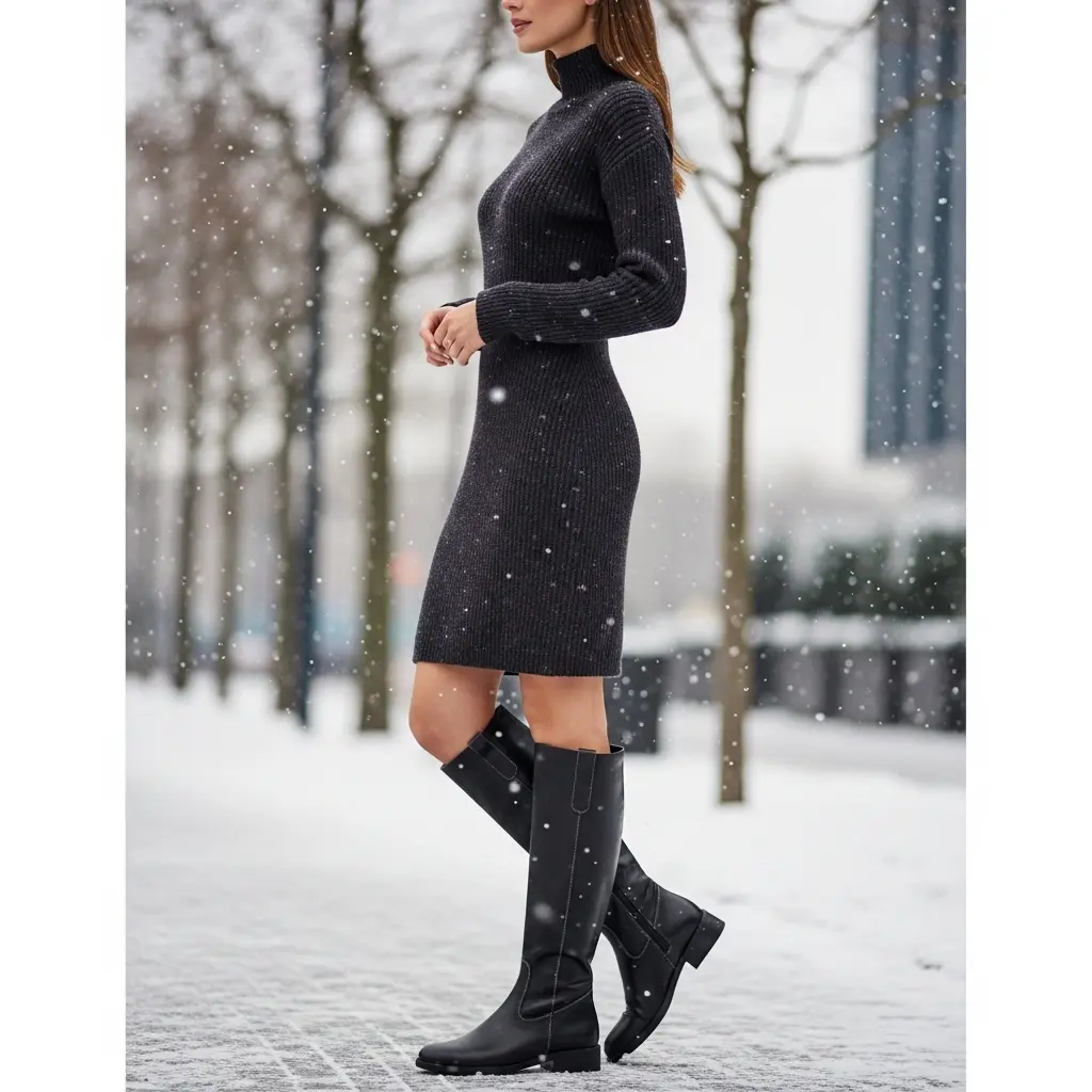 Winterstiefel Damen 2025 kniehoch aus Leder, kombiniert mit Strickkleid