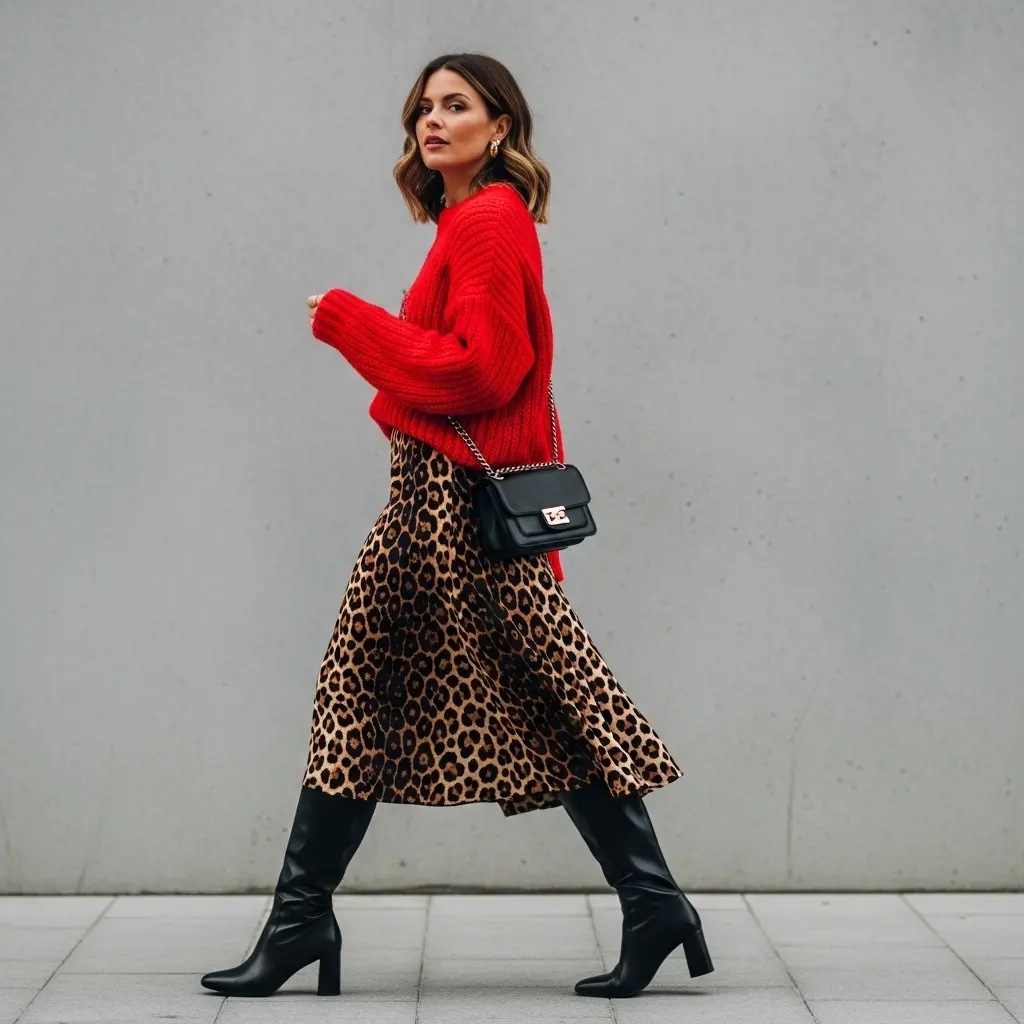  Der Leo-Midirock zum roten Pullover