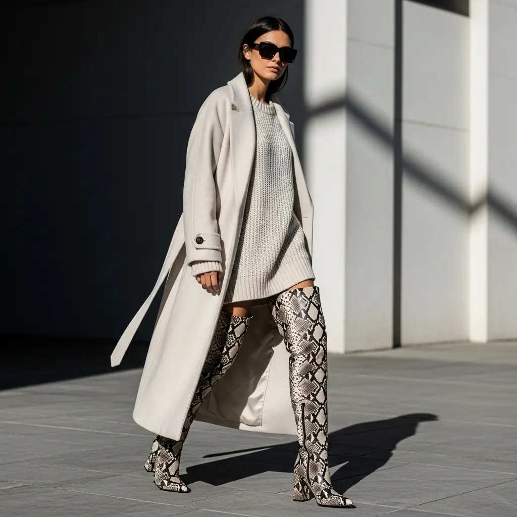 Der Schlangenprint-Stiefel zum monochromen Outfit