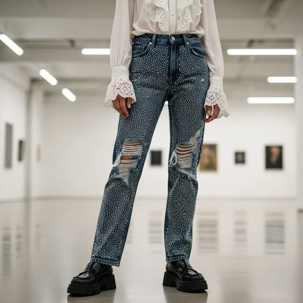 Die verzierte Jeans zur viktorianischen Bluse