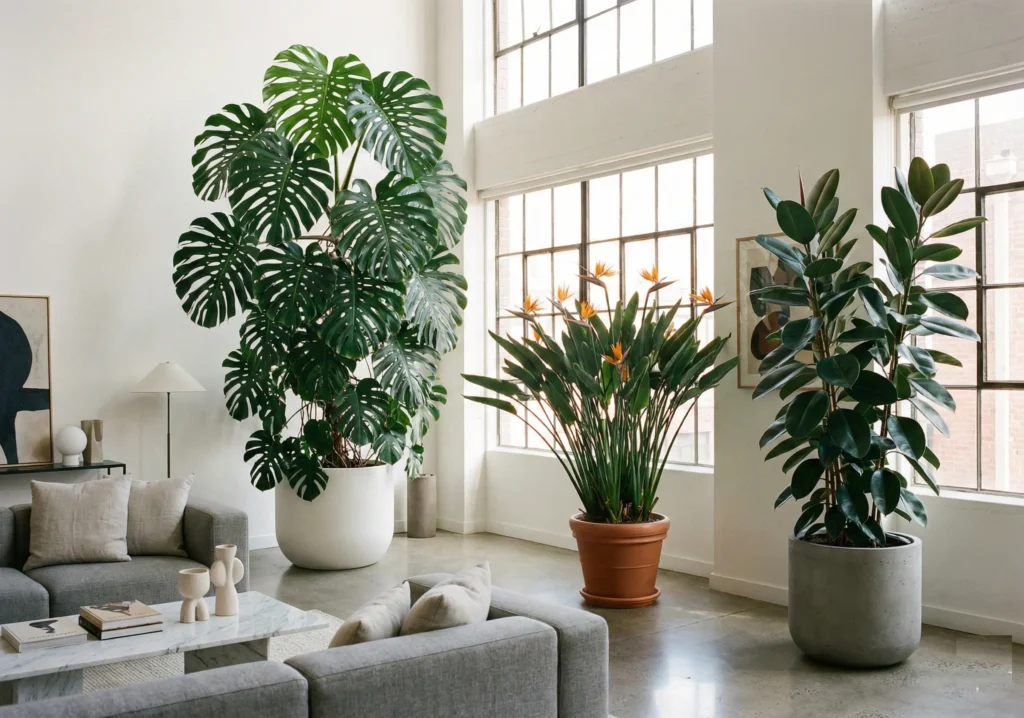 Große Zimmerpflanzen als Deko Statement - Monstera, Strelitzie, Gummibaum