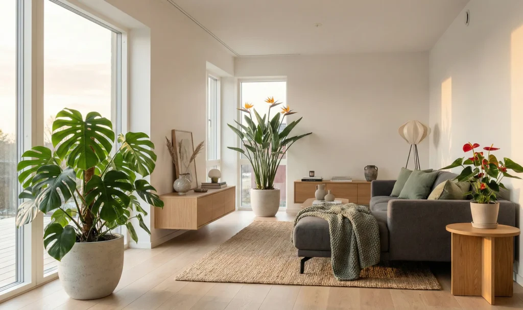 Moderne Wohnzimmer mit großen Zimmerpflanzen - Monstera und Strelitzie