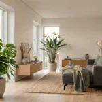 Moderne Wohnzimmer mit großen Zimmerpflanzen - Monstera und Strelitzie