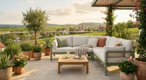 Modernes Outdoor-Sofa auf einer sonnigen Terrasse mit Teak-Tisch und mediterranen Pflanzen